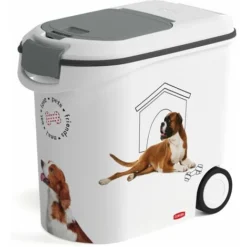 CURVER Conteneur à Croquettes Pour Chien - 12kg / 35L - Grand Rangement Hermétique Anti-Odeurs Pour Nourriture Pour Chiens - Conteneur à Roulettes Et Poignées De Déplacement - 28 X 49 X 43 Cm - Blanc