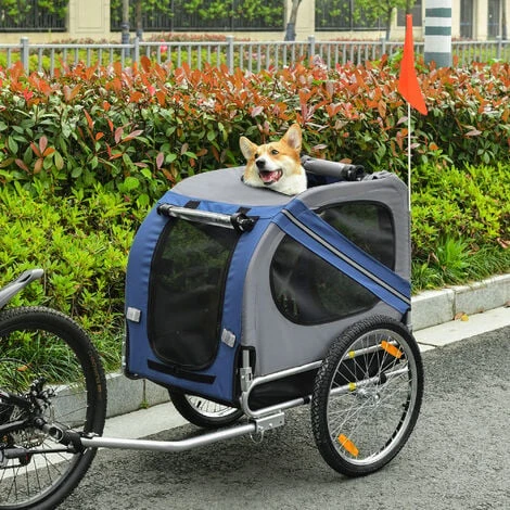 PawHut Remorque Vélo Pour Chien Animaux Pliable 8 Réflecteurs Drapeau Barre Attelage Inclus Acier Polyester Imperméable Max. 30 Kg 130L X 73l X 90H Cm Bleu 2 PawHut Remorque Vélo Pour Chien Animaux Pliable 8 Réflecteurs Drapeau Barre Attelage Inclus Acier Polyester Imperméable Max. 30 Kg 130L X 73l X 90H Cm Bleu – Image 2