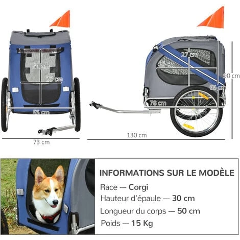 PawHut Remorque Vélo Pour Chien Animaux Pliable 8 Réflecteurs Drapeau Barre Attelage Inclus Acier Polyester Imperméable Max. 30 Kg 130L X 73l X 90H Cm Bleu 3 PawHut Remorque Vélo Pour Chien Animaux Pliable 8 Réflecteurs Drapeau Barre Attelage Inclus Acier Polyester Imperméable Max. 30 Kg 130L X 73l X 90H Cm Bleu – Image 3