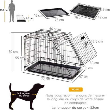 PawHut Cage De Transport Pour Chien Taille L Dim. 76L X 48l X 55H Cm Métal Noir 3 PawHut Cage De Transport Pour Chien Taille L Dim. 76L X 48l X 55H Cm Métal Noir – Image 3