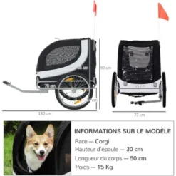 HOMCOM Remorque Velo Pour Chien Animaux Avec Drapeau Et 8 Reflecteurs Blanc Et Noir -Promos Patto Chou Boutique 1933125 3