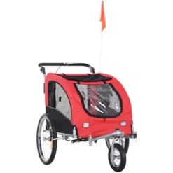 HOMCOM Remorque Vélo Jogger 2 En 1 Pour Animaux Drapeau Roue Avant Pivotante Réflecteurs Et Barre D'attelage Inclus Rouge Noir