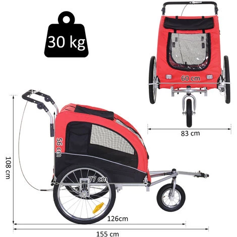 HOMCOM Remorque Vélo Jogger 2 En 1 Pour Animaux Drapeau Roue Avant Pivotante Réflecteurs Et Barre D'attelage Inclus Rouge Noir 3 HOMCOM Remorque Vélo Jogger 2 En 1 Pour Animaux Drapeau Roue Avant Pivotante Réflecteurs Et Barre D'attelage Inclus Rouge Noir – Image 3