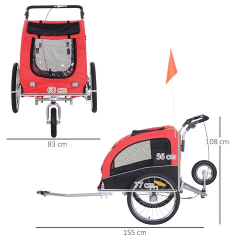 HOMCOM Remorque Vélo Jogger 2 En 1 Pour Animaux Drapeau Roue Avant Pivotante Réflecteurs Et Barre D'attelage Inclus Rouge Noir 4 HOMCOM Remorque Vélo Jogger 2 En 1 Pour Animaux Drapeau Roue Avant Pivotante Réflecteurs Et Barre D'attelage Inclus Rouge Noir – Image 4