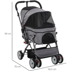 PawHut Poussette Buggy Pliable Chien Chat Panier Et Sac De Rangement Attaches Sécurité Housse Réglable Poignée Réversible Acier Oxford Gris Chiné Noir -Promos Patto Chou Boutique 31931669 3