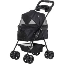PawHut Poussette Buggy Pliable Chien Chat Panier Rangement Porte-gobelets Tissu 300D Oxford Imperméable 4 Roues Noir