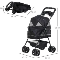 PawHut Poussette Buggy Pliable Chien Chat Panier Rangement Porte-gobelets Tissu 300D Oxford Imperméable 4 Roues Noir -Promos Patto Chou Boutique 33501993 3