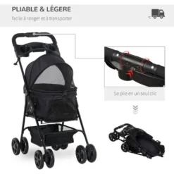 PawHut Poussette Buggy Pliable Chien Chat Panier Rangement Porte-gobelets Tissu 300D Oxford Imperméable 4 Roues Noir -Promos Patto Chou Boutique 33501993 4