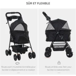 PawHut Poussette Buggy Pliable Chien Chat Panier Rangement Porte-gobelets Tissu 300D Oxford Imperméable 4 Roues Noir -Promos Patto Chou Boutique 33501993 5