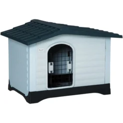 PawHut Niche Chien Style Cottage Dim. 91L X 69l X 66H Cm Petite Porte Grillagée + Grande Porte Latérale Verrouillable PP Blanc Gris Noir