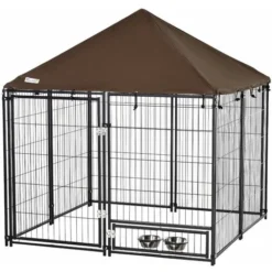 PawHut Chenil Extérieur Pour Chiens En Métal Et Tissu Oxford Avec Support Gamelle Et Toit Résistant Aux Intempéries Espace Spacieux 141 X 141 X 121 Cm Noir