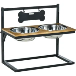 PawHut Gamelle Double Chien Porte-gamelles Surélevé Hauteur Réglable Dim. 58L X 32l X 50H Cm 2 Gamelles Acier Inox. Incluses Plateau Aspect Bois Clair