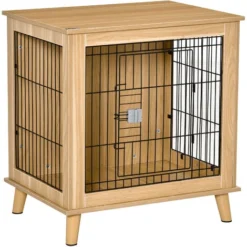 PawHut Cage Pour Chien Sur Pied Style Scandinave - Dim. 73L X 55l X 78H Cm - Porte Verrouillable - Acier Noir Panneaux Particules Aspect Bois Clair