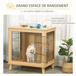 PawHut Cage Pour Chien Sur Pied Style Scandinave - Dim. 73L X 55l X 78H Cm - Porte Verrouillable - Acier Noir Panneaux Particules Aspect Bois Clair 9 PawHut Cage Pour Chien Sur Pied Style Scandinave - Dim. 73L X 55l X 78H Cm - Porte Verrouillable - Acier Noir Panneaux Particules Aspect Bois Clair -Promos Patto Chou Boutique 47582378 5