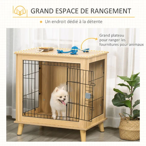 PawHut Cage Pour Chien Sur Pied Style Scandinave - Dim. 73L X 55l X 78H Cm - Porte Verrouillable - Acier Noir Panneaux Particules Aspect Bois Clair 5 PawHut Cage Pour Chien Sur Pied Style Scandinave - Dim. 73L X 55l X 78H Cm - Porte Verrouillable - Acier Noir Panneaux Particules Aspect Bois Clair – Image 5