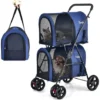 COSTWAY Poussette Buggy Pliable Chien Double Cage Détachable 4 Roues Avant Universelles Avec Porte Bidirectionnel En Tissu Oxford