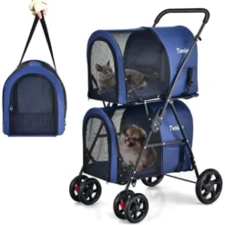 COSTWAY Poussette Buggy Pliable Chien Double Cage Détachable 4 Roues Avant Universelles Avec Porte Bidirectionnel En Tissu Oxford