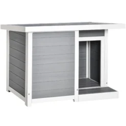 PawHut Niche Chien Style Cottage Dim. 102L X 70l X 73H Cm - Porte, Terrasse, Toit Ouvrant - Bois Composite Blanc Gris
