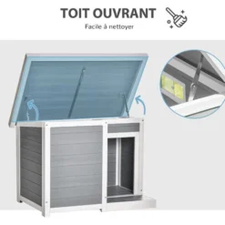 PawHut Niche Chien Style Cottage Dim. 102L X 70l X 73H Cm - Porte, Terrasse, Toit Ouvrant - Bois Composite Blanc Gris -Promos Patto Chou Boutique 56481248 4