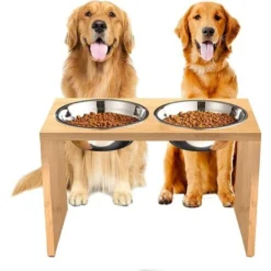 Gamelle Surélevée Pour Chien Et Chat, Wood Chien Porte Gamelle, 2 Acier INOX Bols Doubles Pour Animaux De Compagnie, Support D'alimentation Mangeoire Sur Pied, 40*22*18cm
