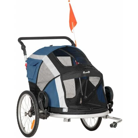 PawHut Remorque Vélo Jogger 2 En 1 Pour Animaux Drapeau Roues Avants Pivotantes Réflecteurs Et Barre D'attelage Inclus Bleu Noir 1 PawHut Remorque Vélo Jogger 2 En 1 Pour Animaux Drapeau Roues Avants Pivotantes Réflecteurs Et Barre D'attelage Inclus Bleu Noir