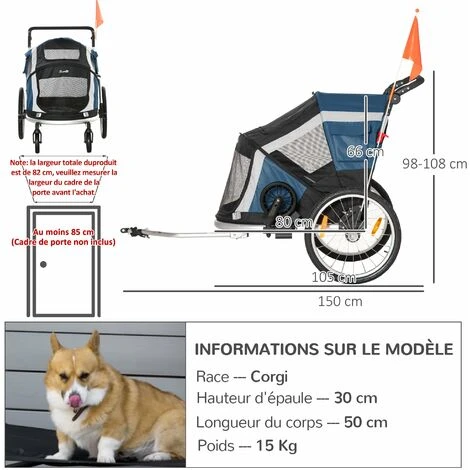 PawHut Remorque Vélo Jogger 2 En 1 Pour Animaux Drapeau Roues Avants Pivotantes Réflecteurs Et Barre D'attelage Inclus Bleu Noir 3 PawHut Remorque Vélo Jogger 2 En 1 Pour Animaux Drapeau Roues Avants Pivotantes Réflecteurs Et Barre D'attelage Inclus Bleu Noir – Image 3