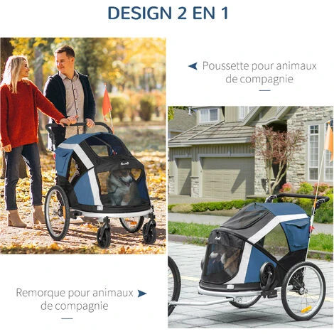 PawHut Remorque Vélo Jogger 2 En 1 Pour Animaux Drapeau Roues Avants Pivotantes Réflecteurs Et Barre D'attelage Inclus Bleu Noir 4 PawHut Remorque Vélo Jogger 2 En 1 Pour Animaux Drapeau Roues Avants Pivotantes Réflecteurs Et Barre D'attelage Inclus Bleu Noir – Image 4