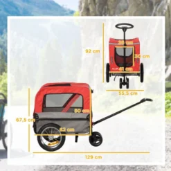 PawHut Remorque Vélo Jogger 2 En 1 Pour Animaux Drapeau Roue Avant Pivotante Réflecteurs Et Barre D'attelage Inclus Rouge Gris -Promos Patto Chou Boutique 60274177 3