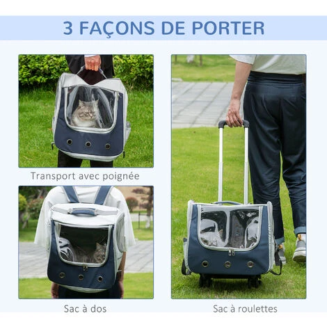 PawHut Sac à Dos Sac De Transport à Main Trolley Chariot Sur Roulettes 3 En 1 Pour Chien Chat - Pliable, Roulettes, Poignée Telescopique, Rangements - Gris Bleu 4 PawHut Sac à Dos Sac De Transport à Main Trolley Chariot Sur Roulettes 3 En 1 Pour Chien Chat - Pliable, Roulettes, Poignée Telescopique, Rangements - Gris Bleu – Image 4