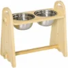 PawHut Gamelle Double Chien Chat - Porte-gamelles Surélevé - Hauteur, Inclinaison Réglables - 2 Gamelles Acier Inox. Incluses Bois Pin