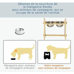 PawHut Gamelle Double Chien Chat - Porte-gamelles Surélevé - Hauteur, Inclinaison Réglables - 2 Gamelles Acier Inox. Incluses Bois Pin -Promos Patto Chou Boutique 60940588 4