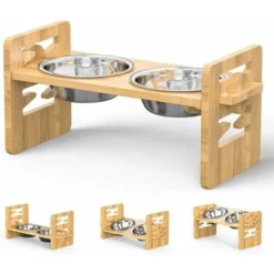Support Gamelle Pour Chien Grande Taille, Réglable En Hauteur Support Elevé En Bois Avec 2 Gamelles