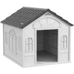 PawHut Niche Chien Style Cottage Dim. 65L X 75l X 63H Cm - Motifs Fenêtres, Porte, Aération - PP Blanc Gris