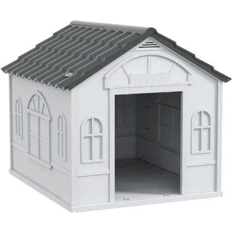 PawHut Niche Chien Style Cottage Dim. 65L X 75l X 63H Cm - Motifs Fenêtres, Porte, Aération - PP Blanc Gris 1 PawHut Niche Chien Style Cottage Dim. 65L X 75l X 63H Cm - Motifs Fenêtres, Porte, Aération - PP Blanc Gris