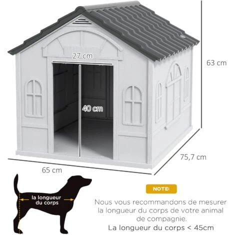 PawHut Niche Chien Style Cottage Dim. 65L X 75l X 63H Cm - Motifs Fenêtres, Porte, Aération - PP Blanc Gris 3 PawHut Niche Chien Style Cottage Dim. 65L X 75l X 63H Cm - Motifs Fenêtres, Porte, Aération - PP Blanc Gris – Image 3