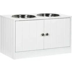 PawHut Gamelle Double Chien Chat - Porte-gamelles Surélevé Armoire 2 En 1 - 2 Portes, 2 Gamelles - MDF Blanc Acier Inox.