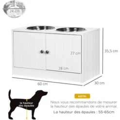 PawHut Gamelle Double Chien Chat - Porte-gamelles Surélevé Armoire 2 En 1 - 2 Portes, 2 Gamelles - MDF Blanc Acier Inox. -Promos Patto Chou Boutique 71059956 3
