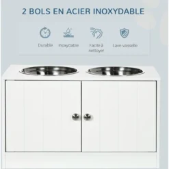 PawHut Gamelle Double Chien Chat - Porte-gamelles Surélevé Armoire 2 En 1 - 2 Portes, 2 Gamelles - MDF Blanc Acier Inox. -Promos Patto Chou Boutique 71059956 4