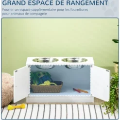 PawHut Gamelle Double Chien Chat - Porte-gamelles Surélevé Armoire 2 En 1 - 2 Portes, 2 Gamelles - MDF Blanc Acier Inox. -Promos Patto Chou Boutique 71059956 5