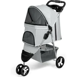 Poussette Buggy Pliable Pour Chien 3 Roues Tissu 600D Oxford Imperméable Avec Panier De Rangement Et Fenêtre En Filet Poussette De Voyage Pour Animaux De Compagnie-Gris