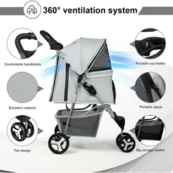 Poussette Buggy Pliable Pour Chien 3 Roues Tissu 600D Oxford Imperméable Avec Panier De Rangement Et Fenêtre En Filet Poussette De Voyage Pour Animaux De Compagnie-Gris -Promos Patto Chou Boutique 71554549 4