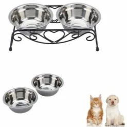 Gamelle Et écuelle Pour Chien,Double Gamelle Pour Chien Animal Chat Chiot Bol Ecuelle Acier Inoxydable Avec Pieds 26x14x8.5cm Argent