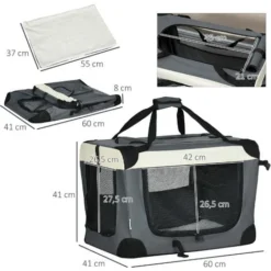 PawHut Sac De Transport Pour Chien Et Chat Pliable - Poignée, 3 Entrées Zippées, Poche - Coussin Amovible Inclus - Acier Oxford Polyester Gris Noir -Promos Patto Chou Boutique 72845742 3