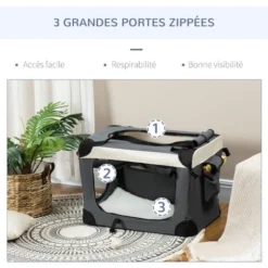 PawHut Sac De Transport Pour Chien Et Chat Pliable - Poignée, 3 Entrées Zippées, Poche - Coussin Amovible Inclus - Acier Oxford Polyester Gris Noir -Promos Patto Chou Boutique 72845742 4