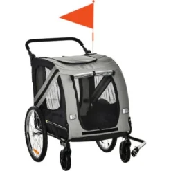 PawHut Remorque Vélo Jogger 2 En 1 Pour Animaux Drapeau Roue Avant Pivotante Réflecteurs Gris Noir