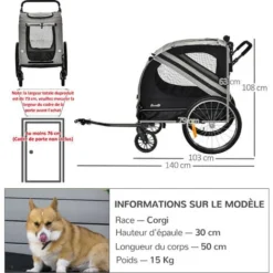 PawHut Remorque Vélo Jogger 2 En 1 Pour Animaux Drapeau Roue Avant Pivotante Réflecteurs Gris Noir -Promos Patto Chou Boutique 75075980 3