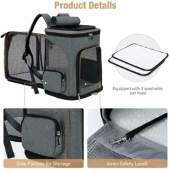 Sac à Dos Chat Chien, Extensible Sac Transport Chat Chien Pliable Pour Petits Chiens Avec Laisse De Sécurité Intérieure Et 2 Tapis Pour Animaux De Compagnie, Gris