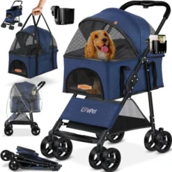 LOVPET® Poussette Pour Chien 2en1 Poussette Pour Chiots Caisse Pour Chien Sac De Transport Pliable Pliable Jusqu'à 20 Kg Poussette Pour Animaux Domestiques Avec Fenêtres En Filet Et Housse De Pluie Po
