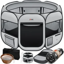 LOVPET® Parc Pour Chiots Parc Pour Animaux Pliable Pour Petits Animaux Chiens, Chats Incl. Gamelle Pour Chien Parc Pour Chiens Tissu Oxford Système De Déploiement Intérieur Et Extérieur, Hellgrau / Sc