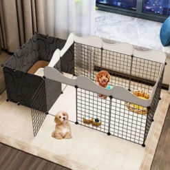 Enclos Pliable Pour Animaux Parc Chien Et Chat, 2 Compartiments, 165 X75x57cm - Noir